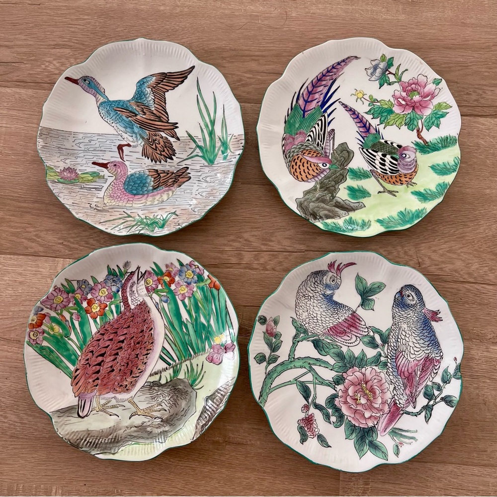 RARE 9” Vintage Asian Chinese Porcelain Hand Painted Plates‎ Love Birds Set Of 4